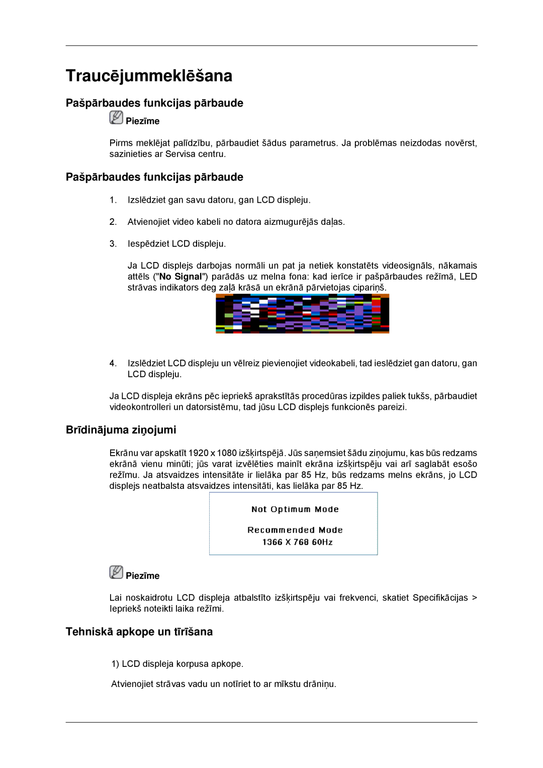 Samsung LH32CRTMBC/EN, LH32CRSMBD/EN Pašpārbaudes funkcijas pārbaude, Brīdinājuma ziņojumi, Tehniskā apkope un tīrīšana 