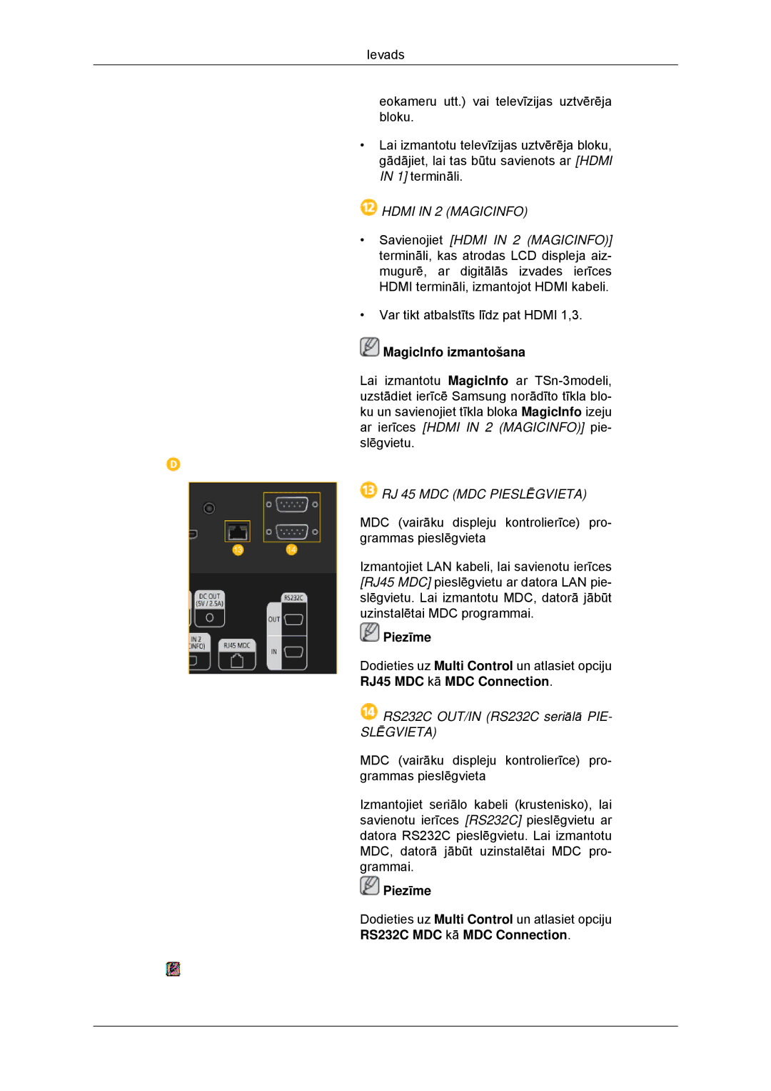 Samsung LH32CRTMBC/EN, LH32CRSMBD/EN manual Hdmi in 2 Magicinfo, RS232C OUT/IN RS232C seriālā PIE 