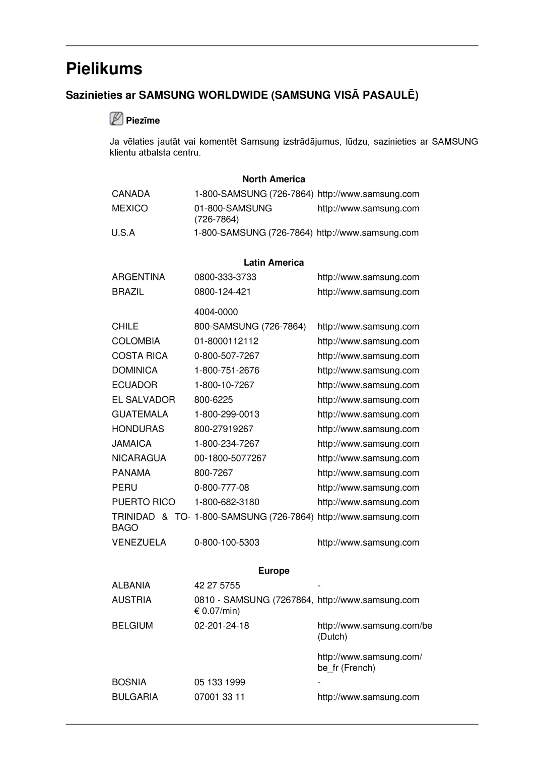 Samsung LH32CRTMBC/EN manual Sazinieties ar Samsung Worldwide Samsung Visā Pasaulē, North America, Latin America, Europe 