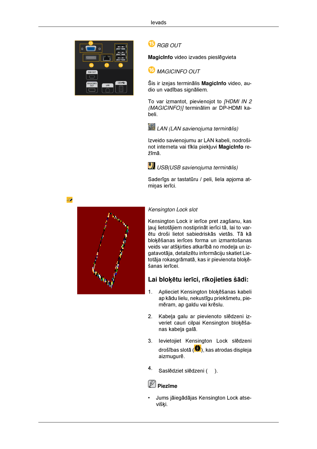 Samsung LH32CRSMBD/EN Lai bloķētu ierīci, rīkojieties šādi, LAN LAN savienojuma terminālis, Usbusb savienojuma terminālis 