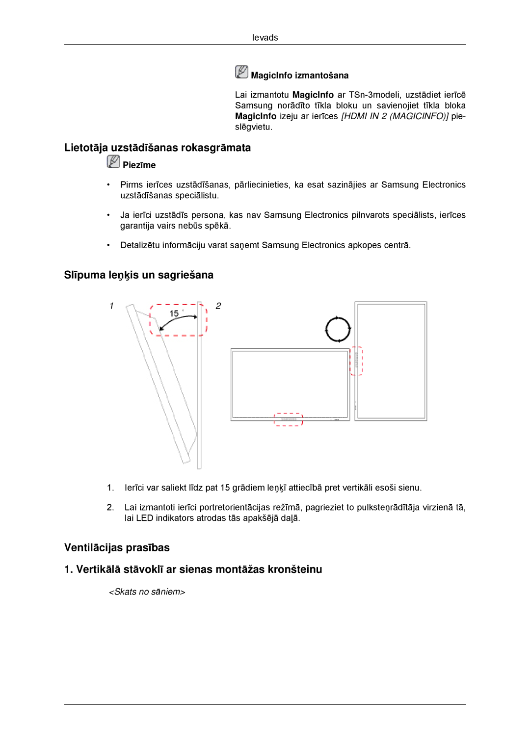 Samsung LH32CRSMBD/EN, LH32CRTMBC/EN Lietotāja uzstādīšanas rokasgrāmata, Slīpuma leņķis un sagriešana, Skats no sāniem 