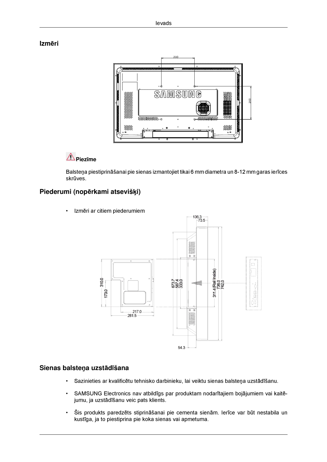 Samsung LH32CRTMBC/EN, LH32CRSMBD/EN manual Izmēri, Piederumi nopērkami atsevišķi, Sienas balsteņa uzstādīšana 