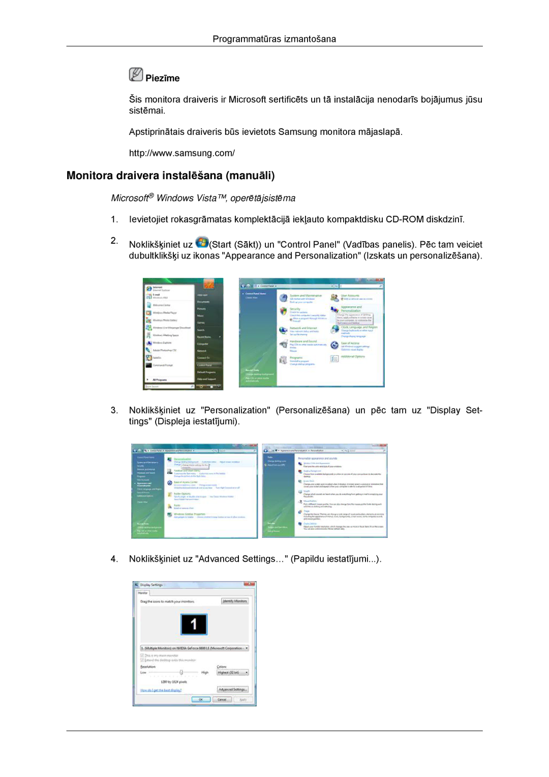 Samsung LH32CRTMBC/EN, LH32CRSMBD/EN manual Monitora draivera instalēšana manuāli, Microsoft Windows Vista‚ operētājsistēma 