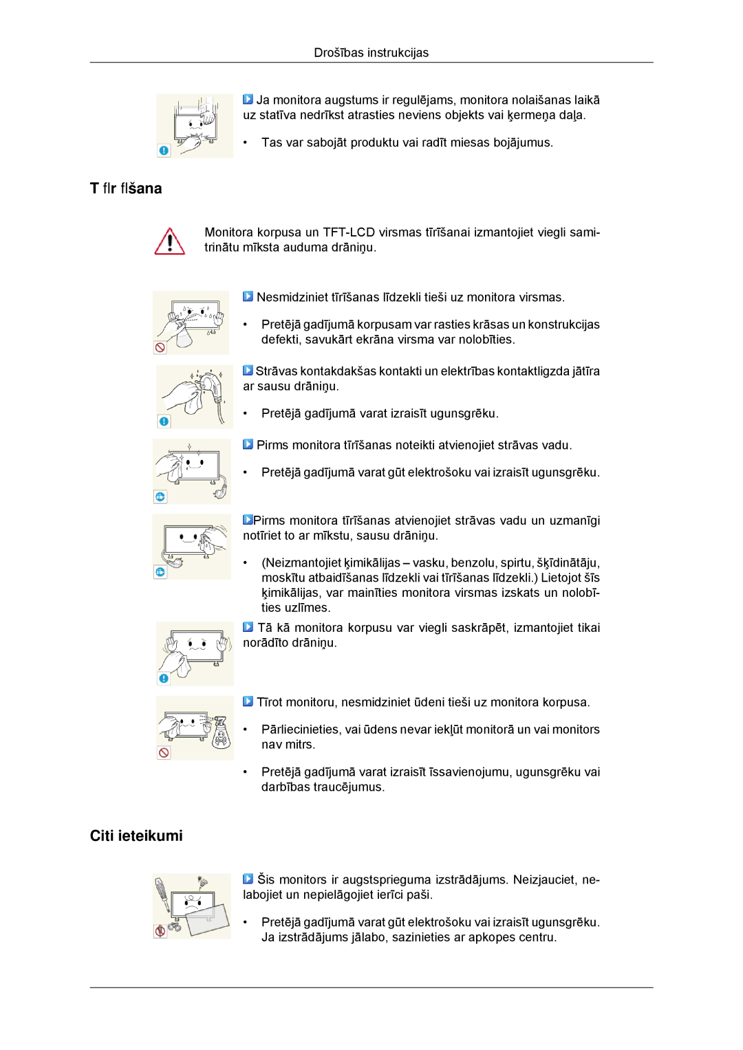 Samsung LH32CRSMBD/EN, LH32CRTMBC/EN manual Tīrīšana, Citi ieteikumi 