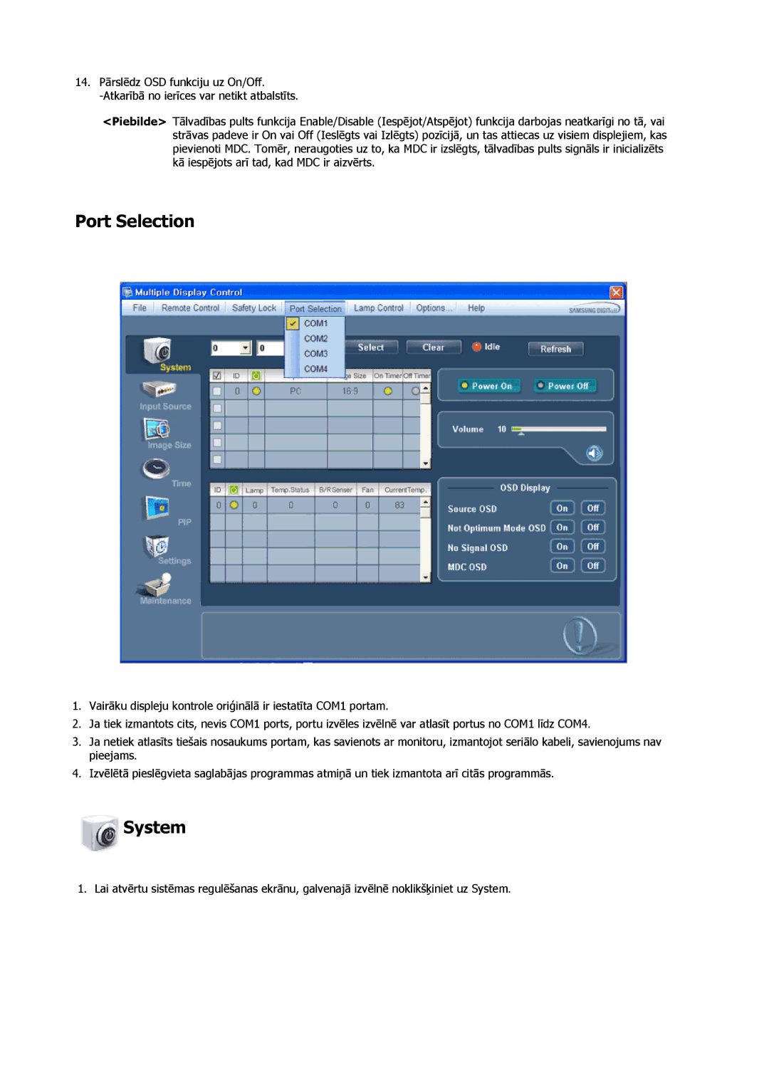 Samsung LH32CRSMBD/EN, LH32CRTMBC/EN manual Port Selection, System 