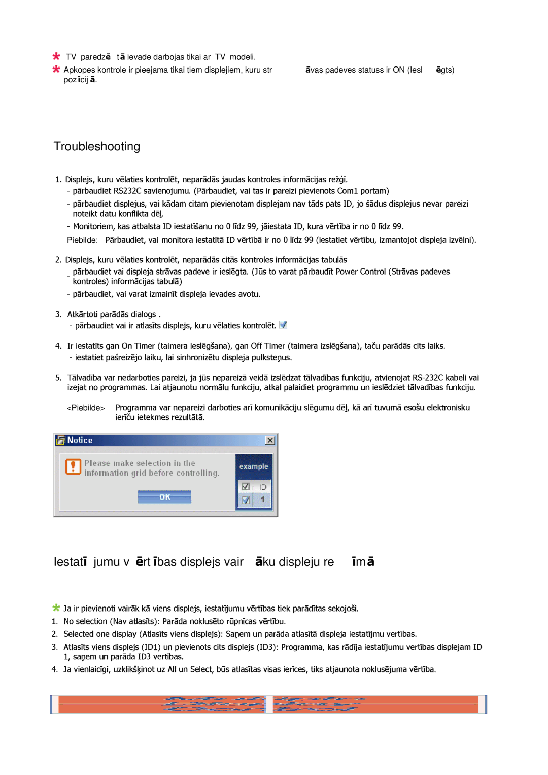 Samsung LH32CRSMBD/EN, LH32CRTMBC/EN manual Troubleshooting, Iestatījumu vērtības displejs vairāku displeju režīmā 