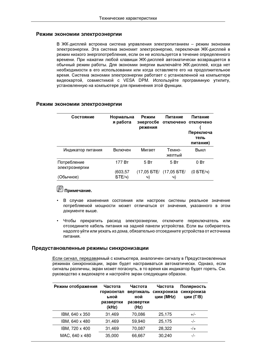 Samsung LH32CRSMBD/EN, LH32CRTMBC/EN manual Режим экономии электроэнергии, Предустановленные режимы синхронизации 