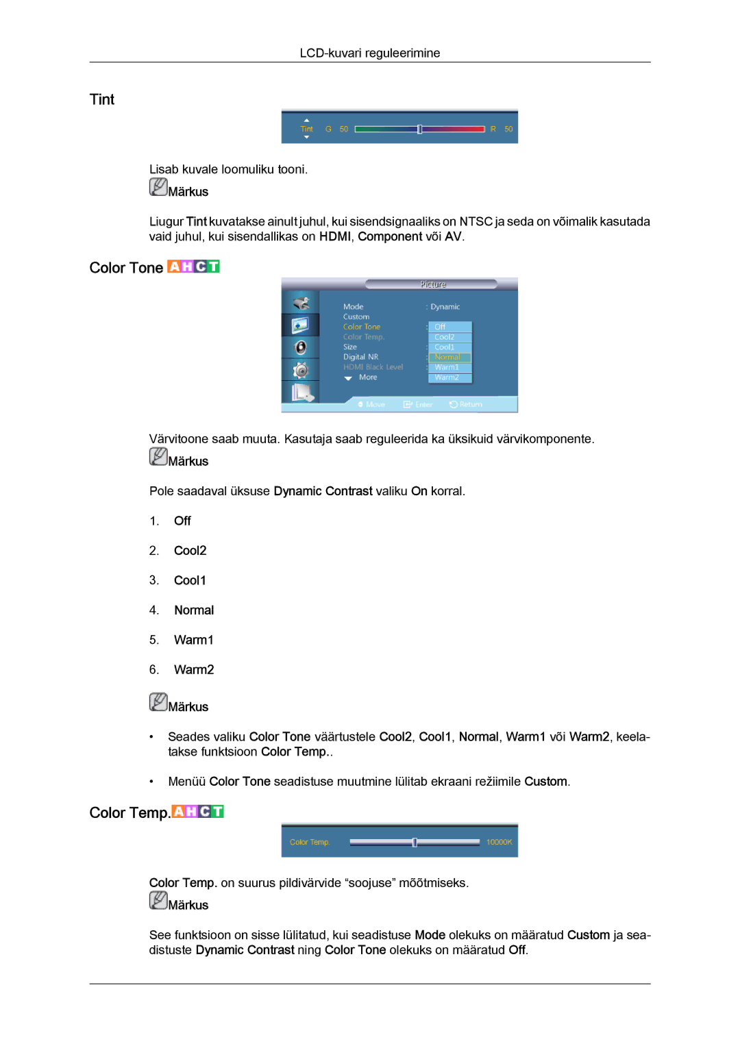 Samsung LH32CRTMBC/EN, LH32CRSMBD/EN manual Tint, Off Cool2 Cool1 Normal Warm1 Warm2 Märkus 