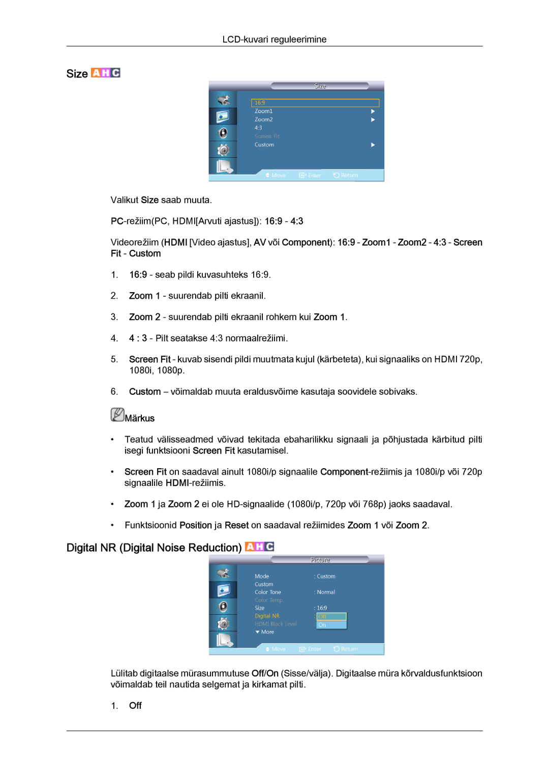 Samsung LH32CRSMBD/EN, LH32CRTMBC/EN manual Size, Digital NR Digital Noise Reduction 