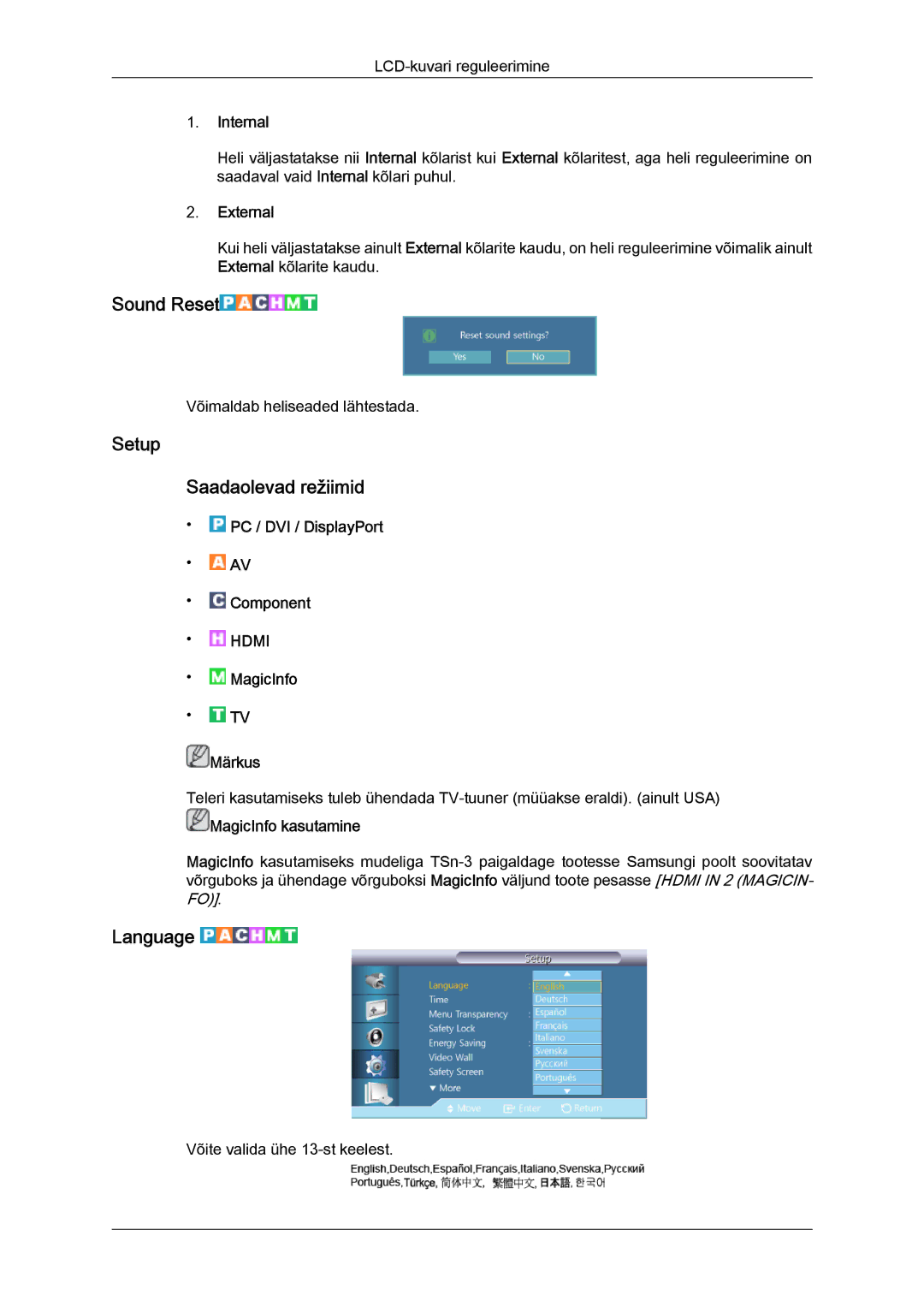 Samsung LH32CRSMBD/EN, LH32CRTMBC/EN manual Sound Reset, Setup Saadaolevad režiimid, Language, Internal, External 