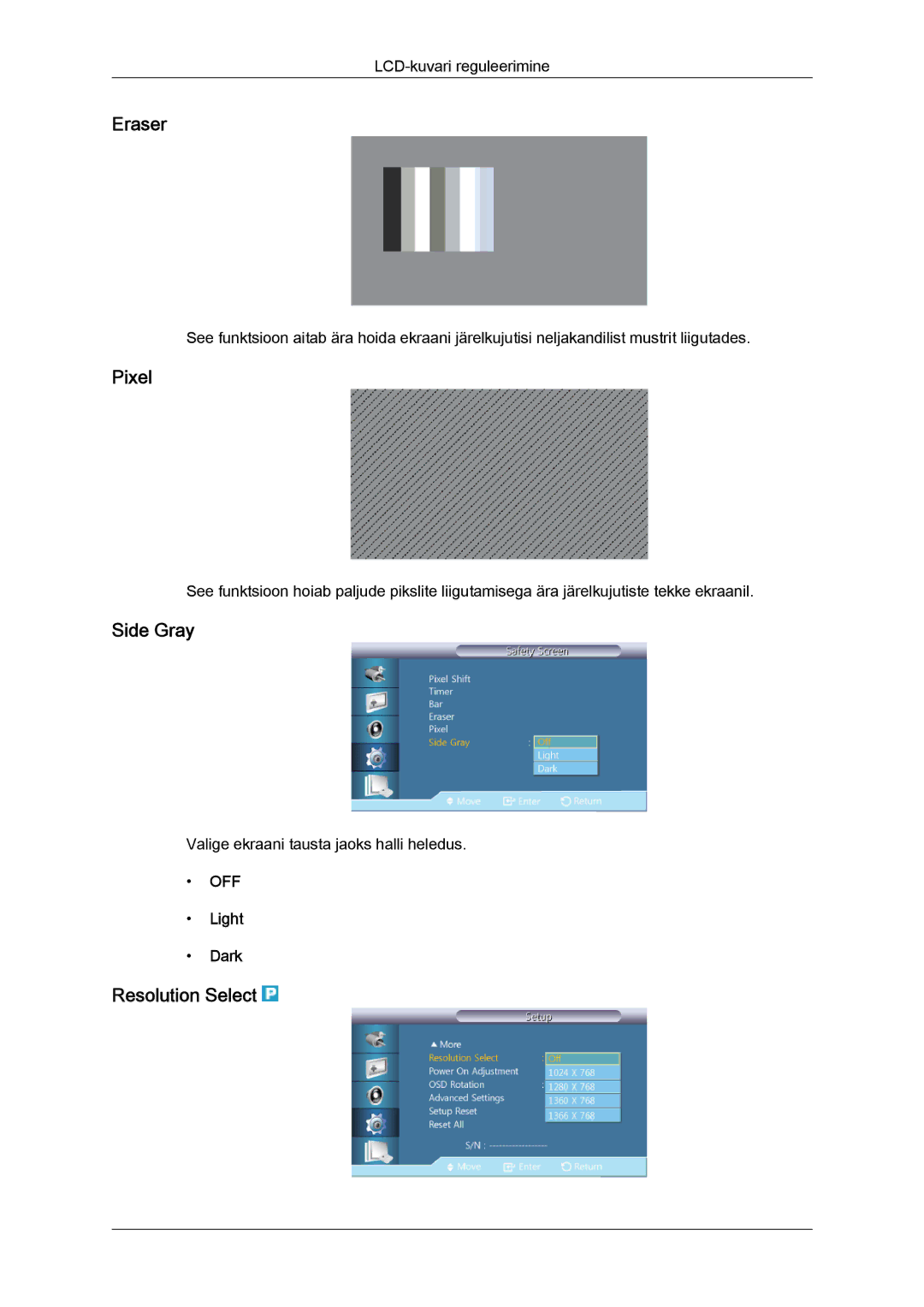 Samsung LH32CRTMBC/EN, LH32CRSMBD/EN manual Eraser, Pixel, Side Gray, Resolution Select, Light Dark 