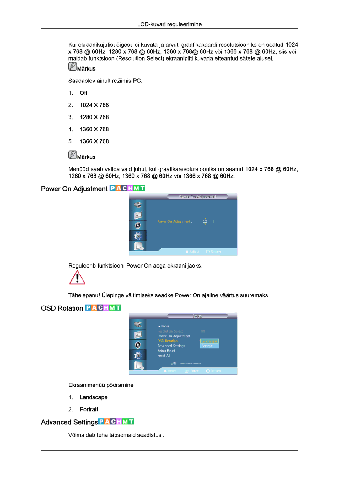 Samsung LH32CRSMBD/EN manual Power On Adjustment, OSD Rotation, Advanced Settings, Off 1024 X 1280 X 1360 X 1366 X Märkus 