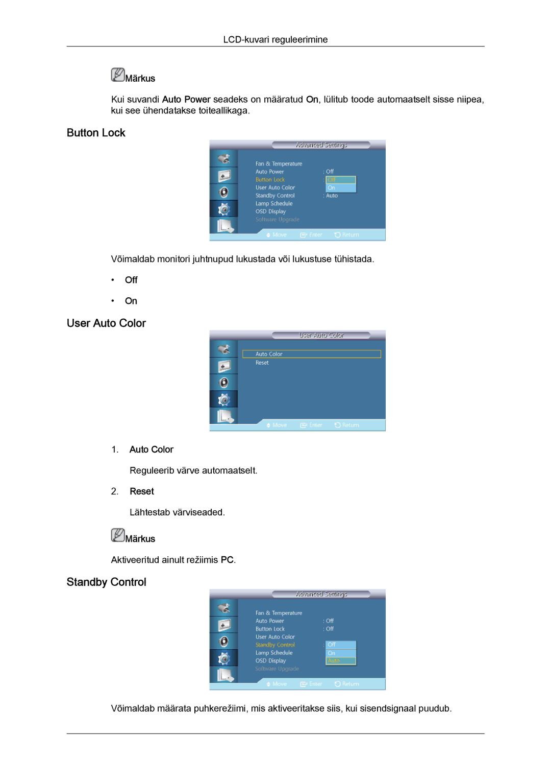 Samsung LH32CRTMBC/EN, LH32CRSMBD/EN manual Button Lock, User Auto Color, Standby Control, Reset 