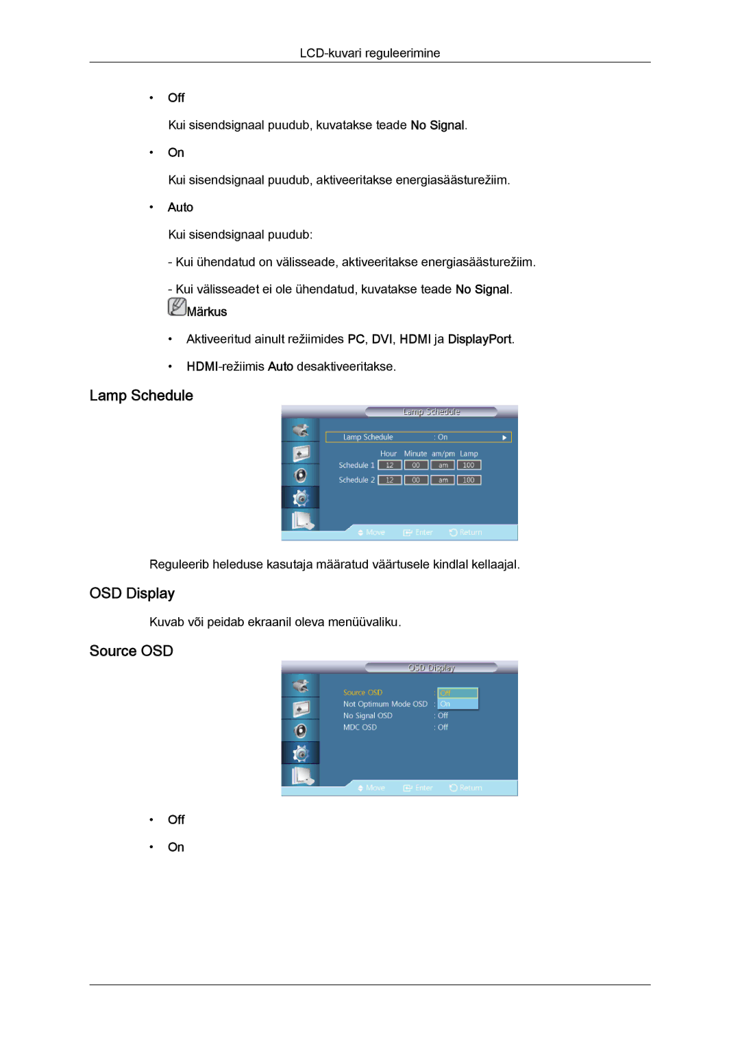 Samsung LH32CRSMBD/EN, LH32CRTMBC/EN manual Lamp Schedule, OSD Display, Source OSD, Auto 