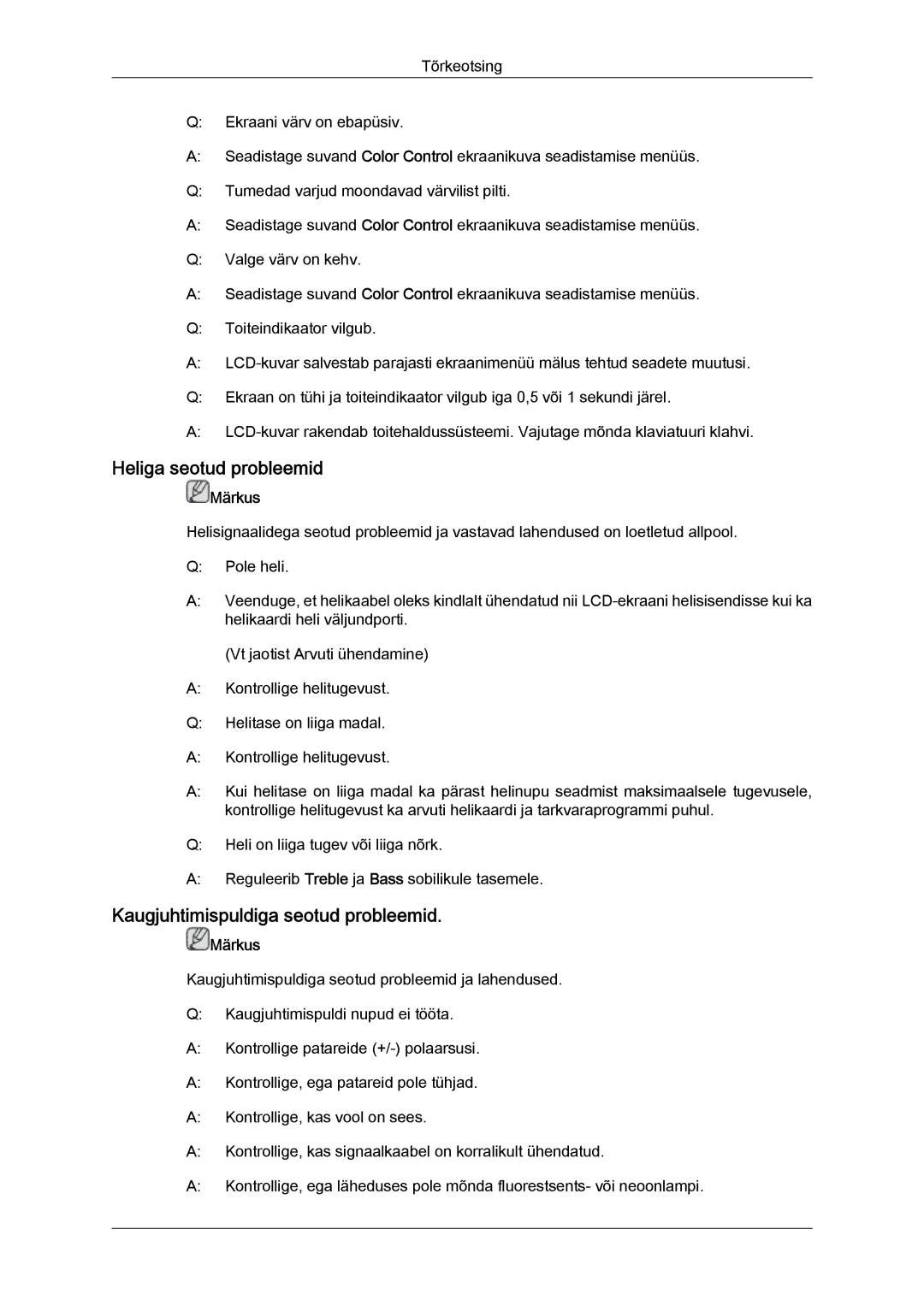 Samsung LH32CRTMBC/EN, LH32CRSMBD/EN manual Heliga seotud probleemid, Kaugjuhtimispuldiga seotud probleemid 