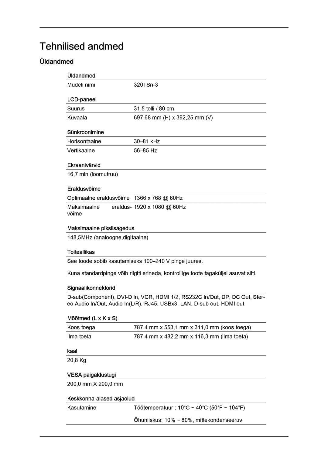 Samsung LH32CRTMBC/EN, LH32CRSMBD/EN manual Üldandmed 