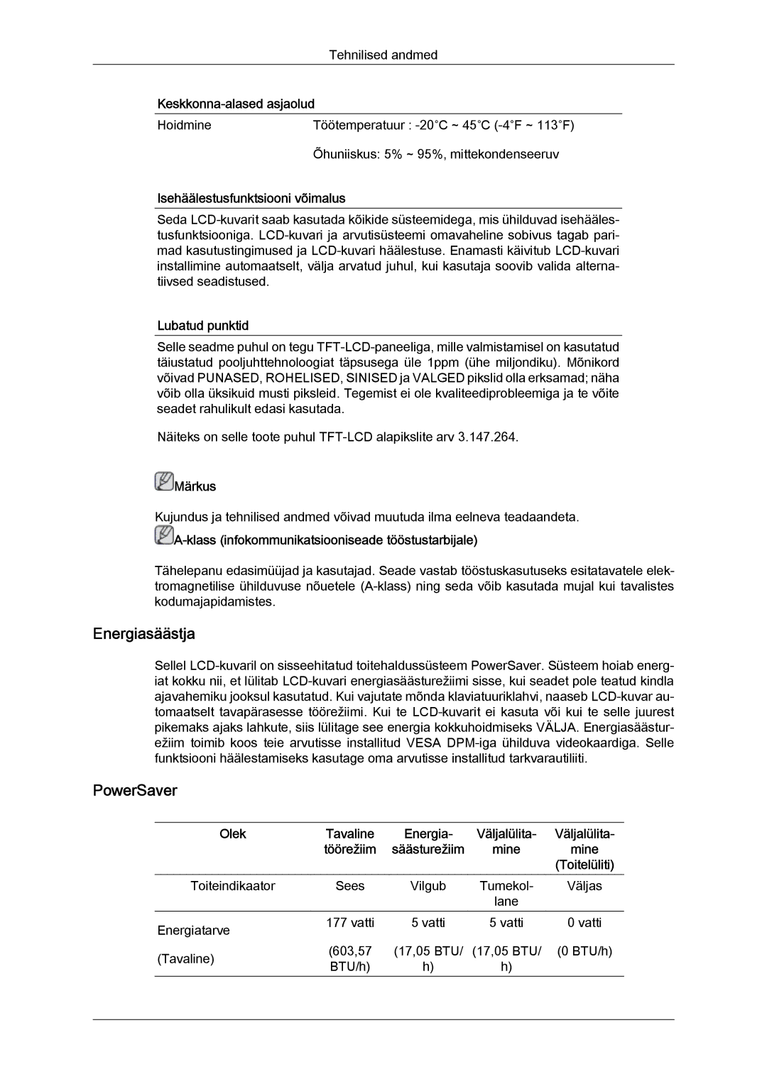 Samsung LH32CRSMBD/EN, LH32CRTMBC/EN manual Energiasäästja, PowerSaver, Isehäälestusfunktsiooni võimalus, Lubatud punktid 