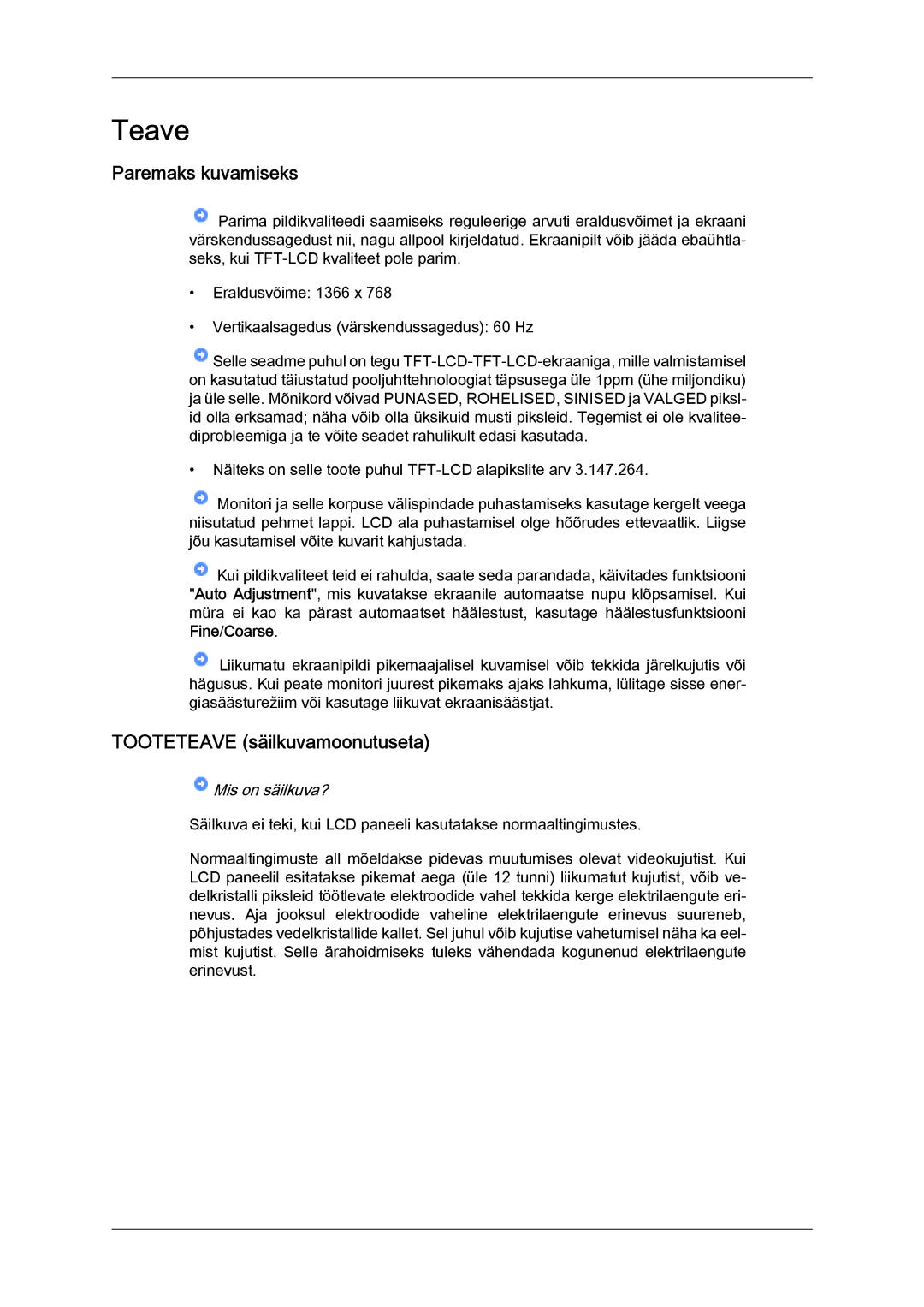 Samsung LH32CRTMBC/EN, LH32CRSMBD/EN manual Paremaks kuvamiseks, Tooteteave säilkuvamoonutuseta 