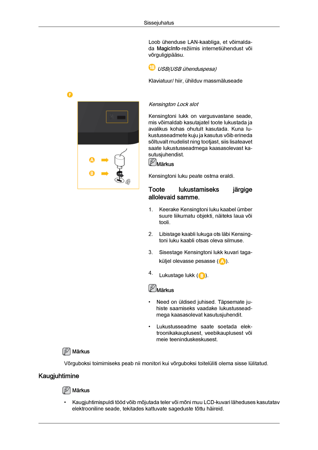 Samsung LH32CRSMBD/EN, LH32CRTMBC/EN manual Toote lukustamiseks järgige allolevaid samme, Kaugjuhtimine 