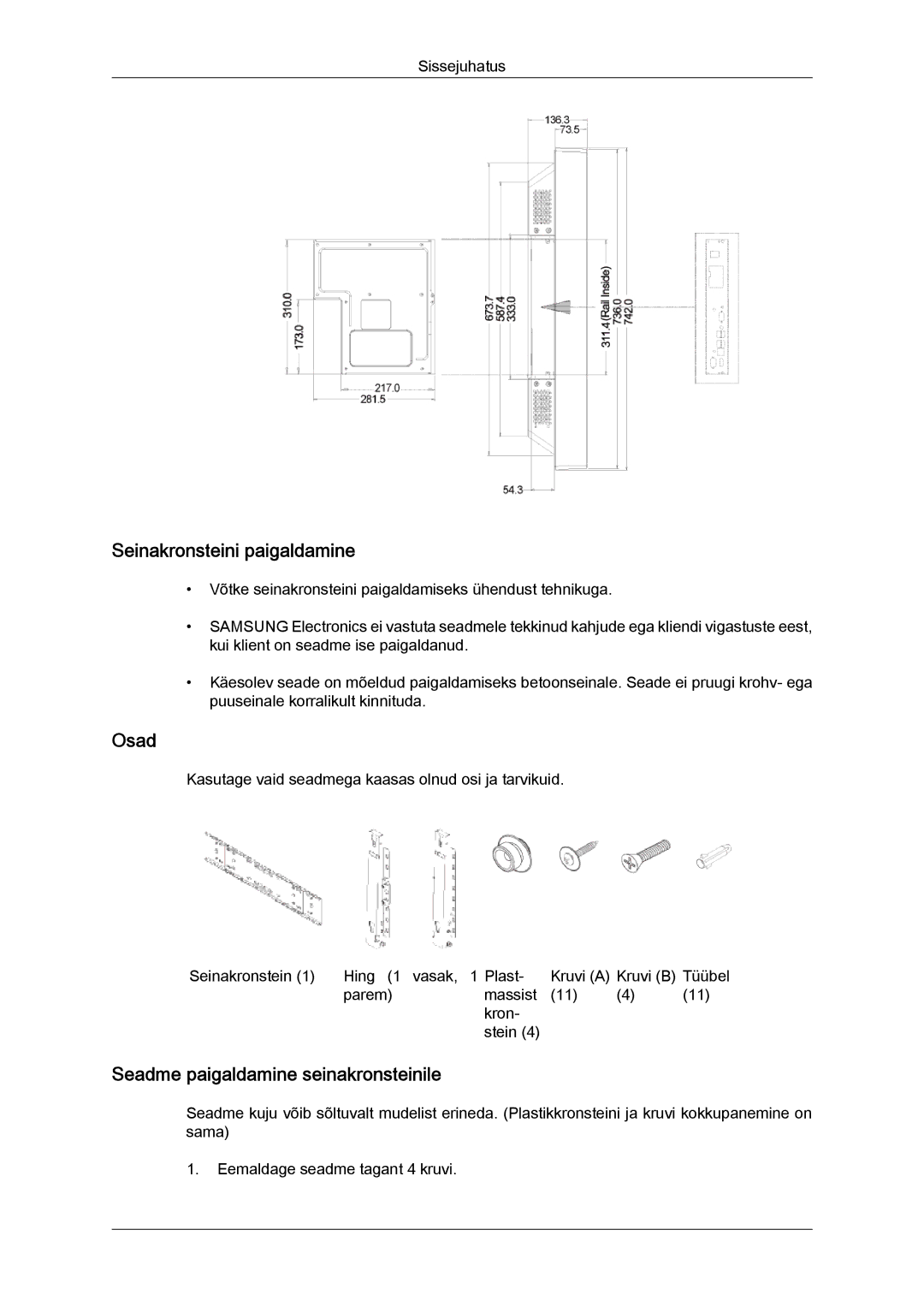 Samsung LH32CRTMBC/EN, LH32CRSMBD/EN manual Seinakronsteini paigaldamine, Osad, Seadme paigaldamine seinakronsteinile 