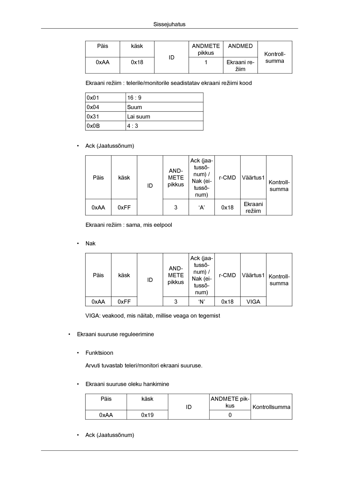 Samsung LH32CRSMBD/EN, LH32CRTMBC/EN manual Sissejuhatus Päis 0xAA Käsk 0x18 