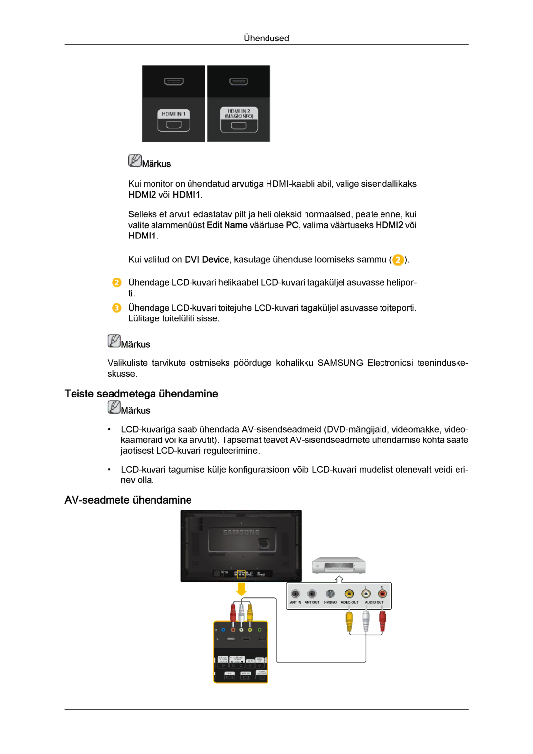 Samsung LH32CRTMBC/EN, LH32CRSMBD/EN manual Teiste seadmetega ühendamine, AV-seadmete ühendamine, HDMI2 või HDMI1 