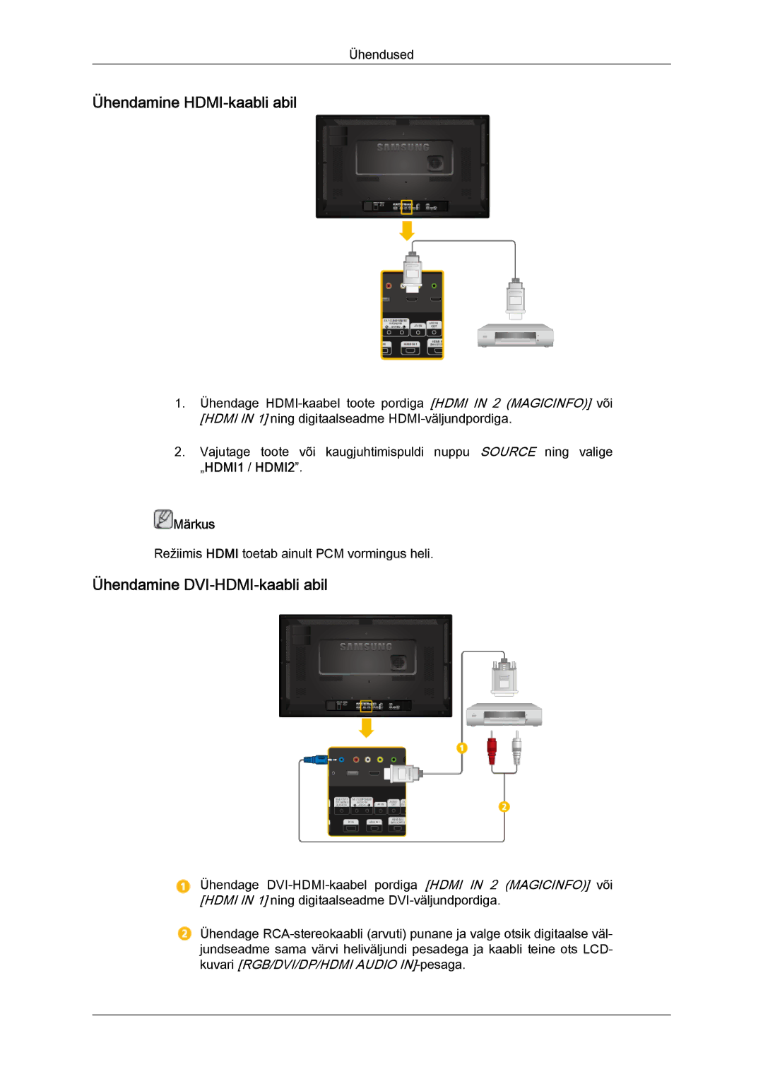 Samsung LH32CRTMBC/EN, LH32CRSMBD/EN manual Ühendamine HDMI-kaabli abil, Ühendamine DVI-HDMI-kaabli abil 