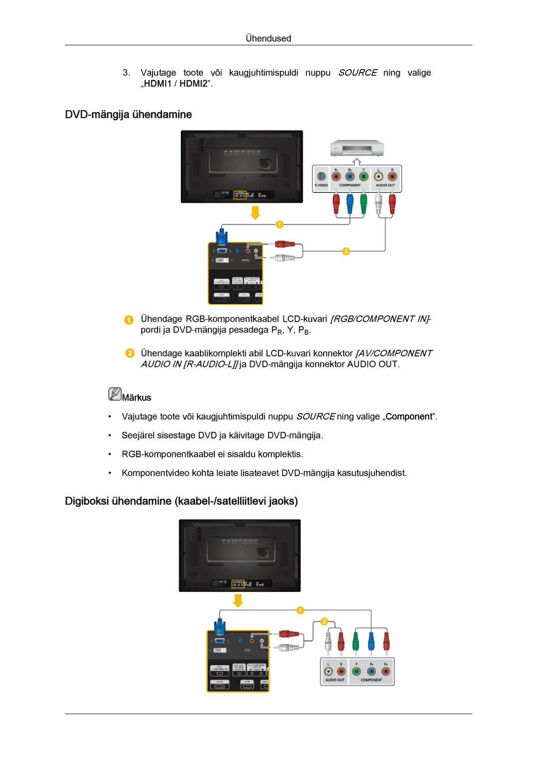 Samsung LH32CRSMBD/EN, LH32CRTMBC/EN manual DVD-mängija ühendamine, Digiboksi ühendamine kaabel-/satelliitlevi jaoks 