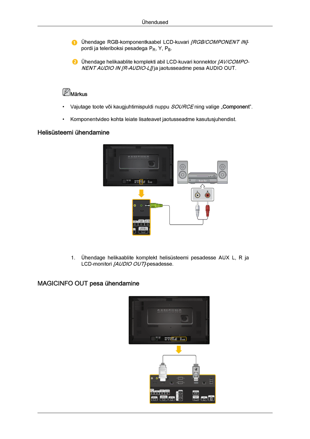 Samsung LH32CRTMBC/EN, LH32CRSMBD/EN manual Helisüsteemi ühendamine, Magicinfo OUT pesa ühendamine 