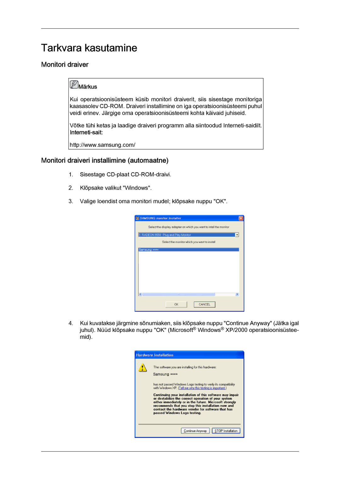 Samsung LH32CRTMBC/EN, LH32CRSMBD/EN manual Monitori draiveri installimine automaatne, Interneti-sait 