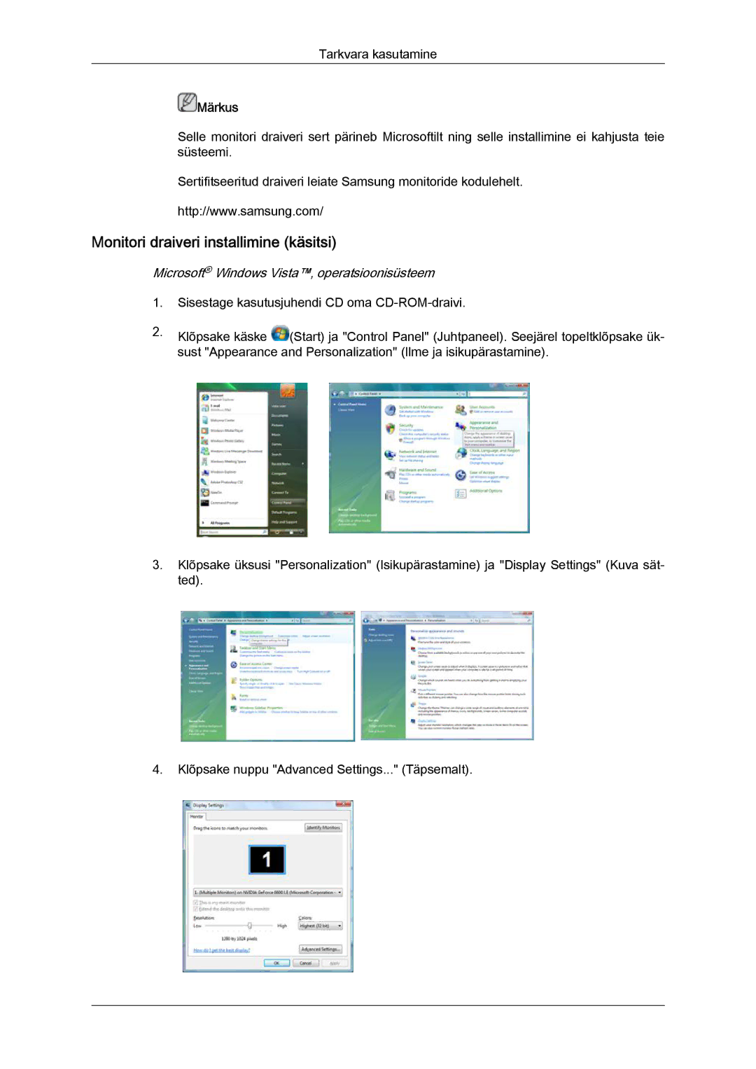 Samsung LH32CRSMBD/EN, LH32CRTMBC/EN Monitori draiveri installimine käsitsi, Microsoft Windows Vista‚ operatsioonisüsteem 