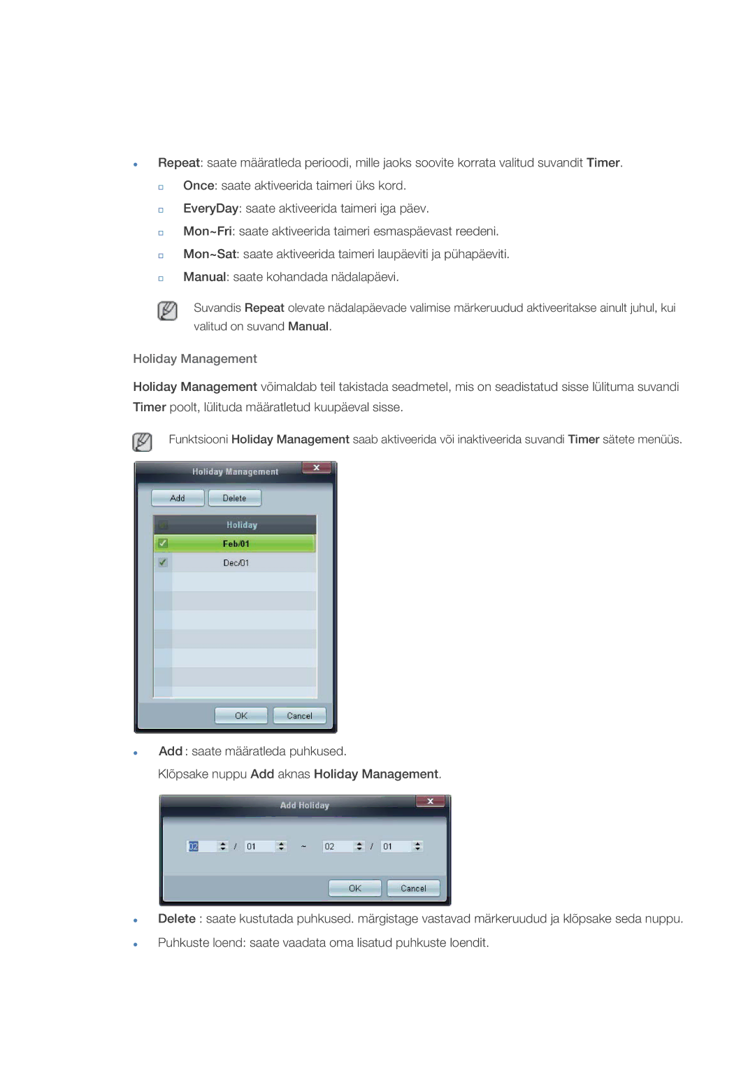 Samsung LH32CRTMBC/EN, LH32CRSMBD/EN manual Holiday Management 