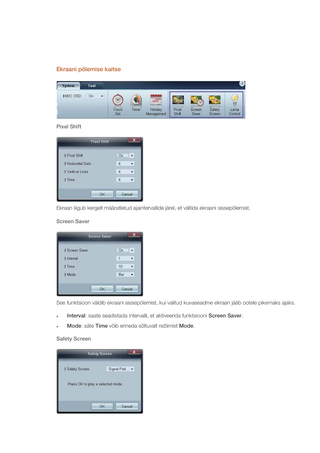 Samsung LH32CRSMBD/EN, LH32CRTMBC/EN manual Ekraani põlemise kaitse, Pixel Shift, Screen Saver, Safety Screen 