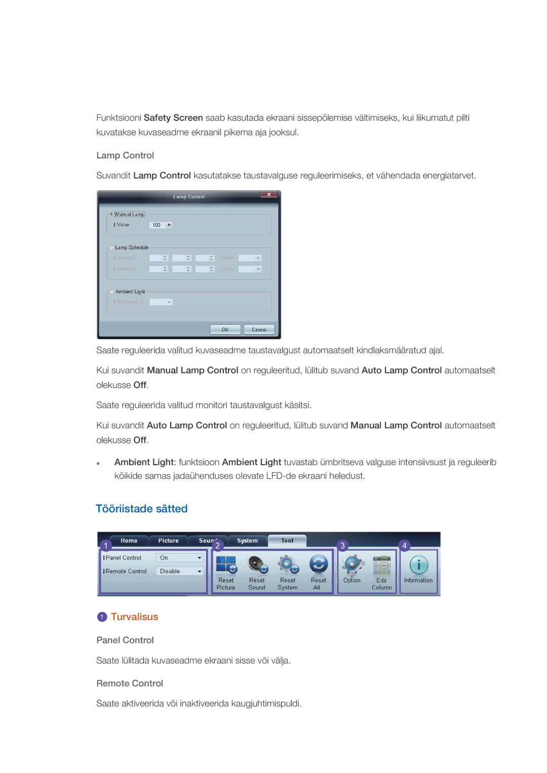 Samsung LH32CRTMBC/EN, LH32CRSMBD/EN manual Tööriistade sätted, Lamp Control, Panel Control, Remote Control 