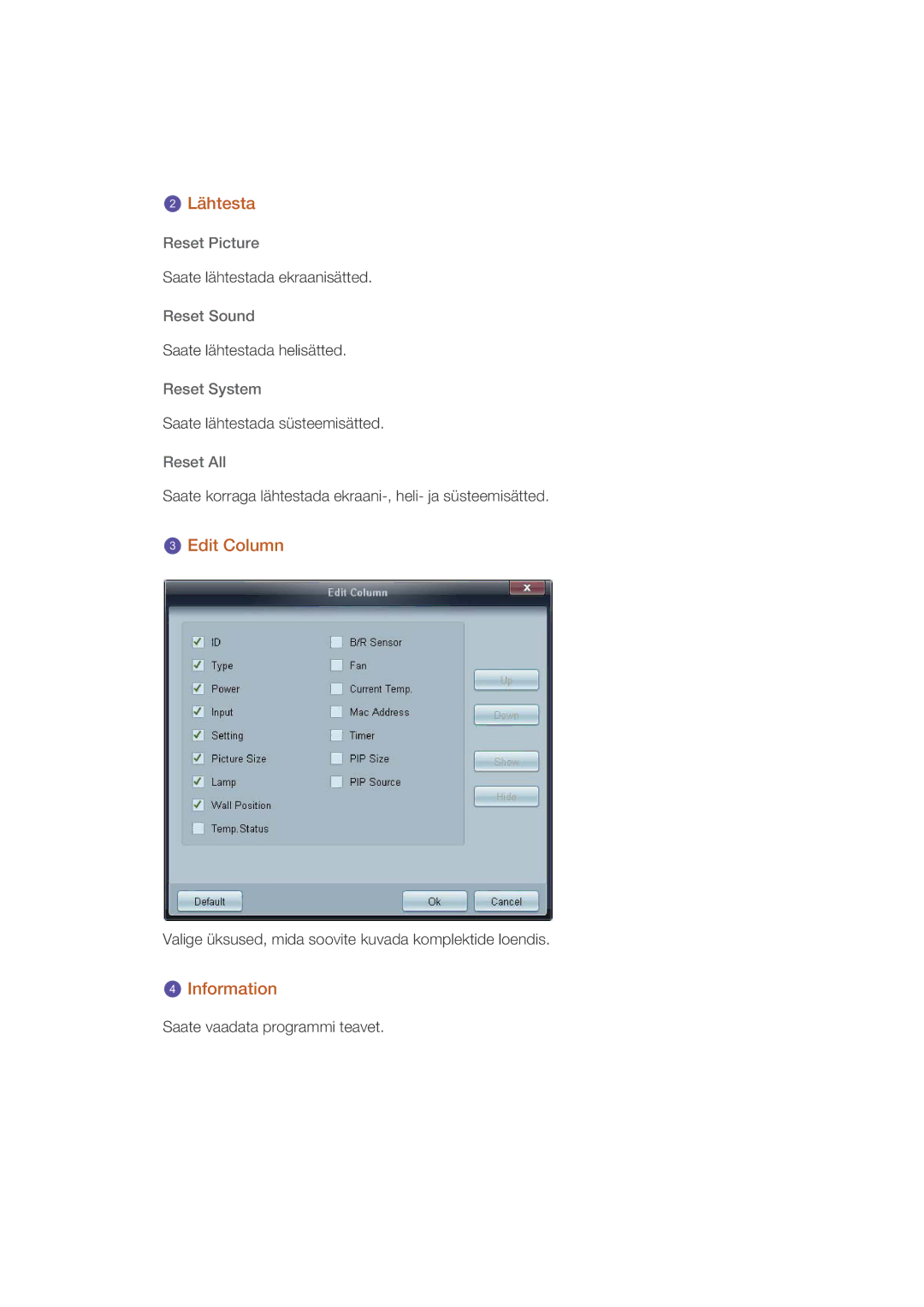 Samsung LH32CRSMBD/EN, LH32CRTMBC/EN manual Lähtesta, Edit Column, Information 