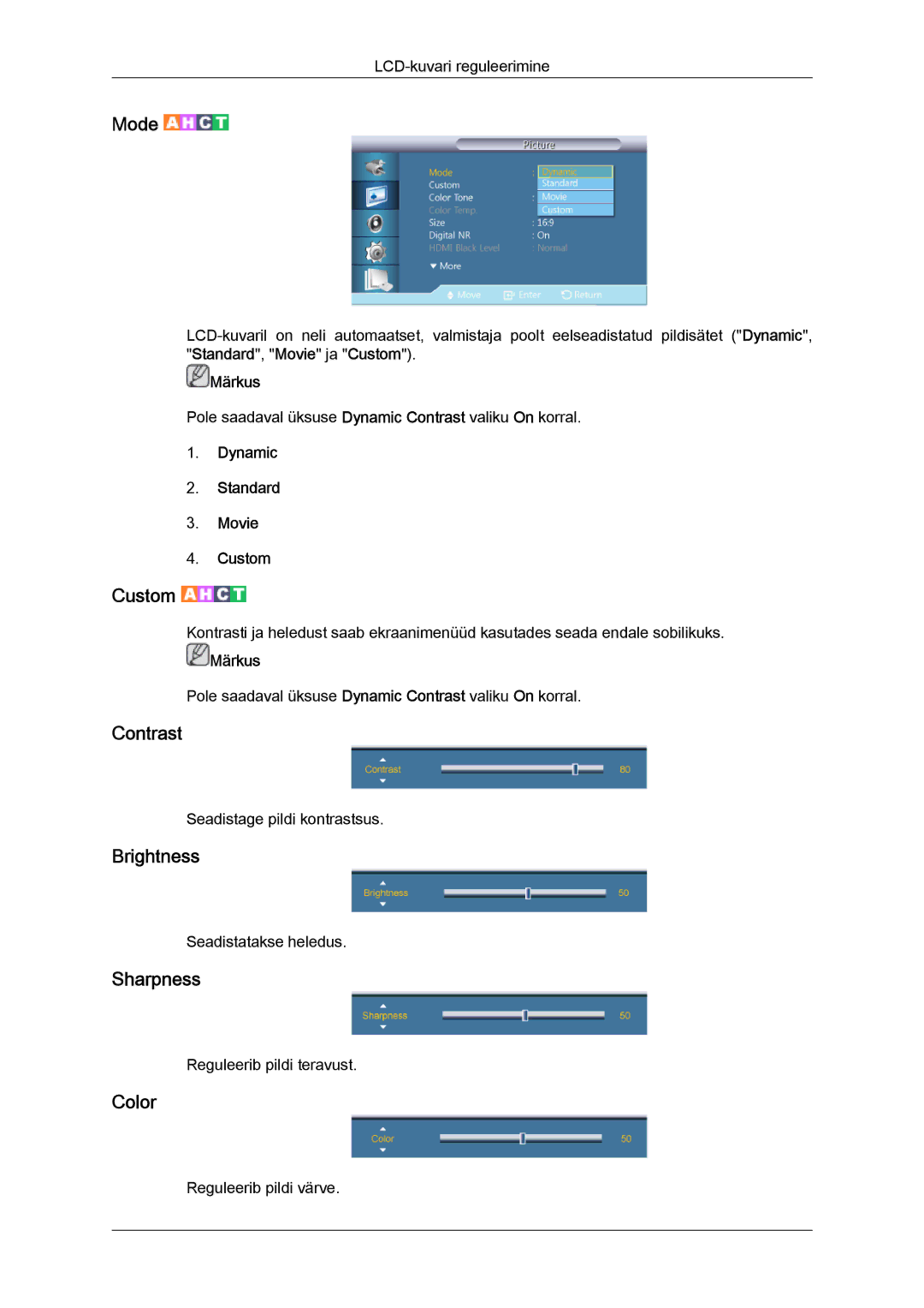 Samsung LH32CRSMBD/EN, LH32CRTMBC/EN manual Contrast, Brightness, Sharpness, Color, Dynamic Standard Movie Custom 