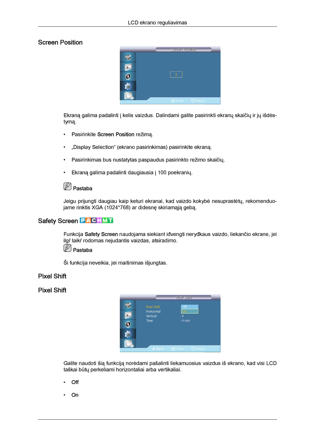 Samsung LH32CRSMBD/EN, LH32CRTMBC/EN manual Screen Position, Safety Screen, Pixel Shift 