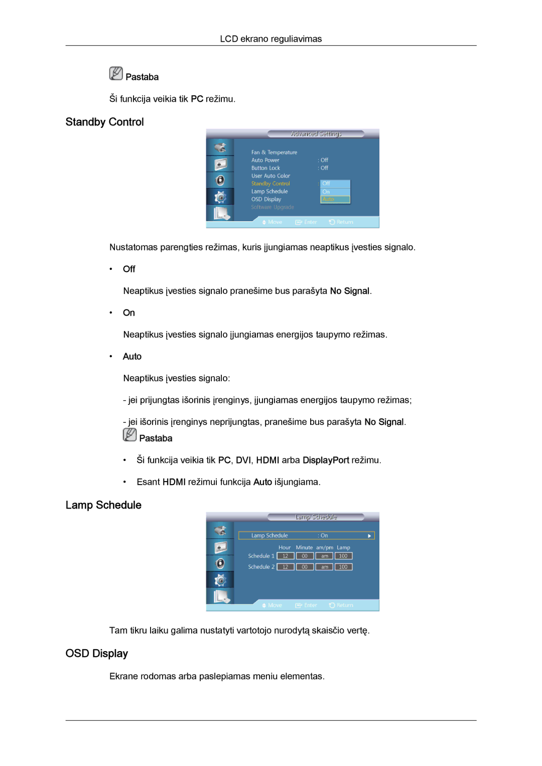 Samsung LH32CRSMBD/EN, LH32CRTMBC/EN manual Standby Control, Lamp Schedule, OSD Display 