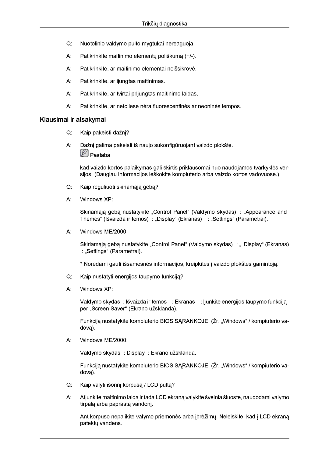 Samsung LH32CRTMBC/EN, LH32CRSMBD/EN manual Klausimai ir atsakymai 