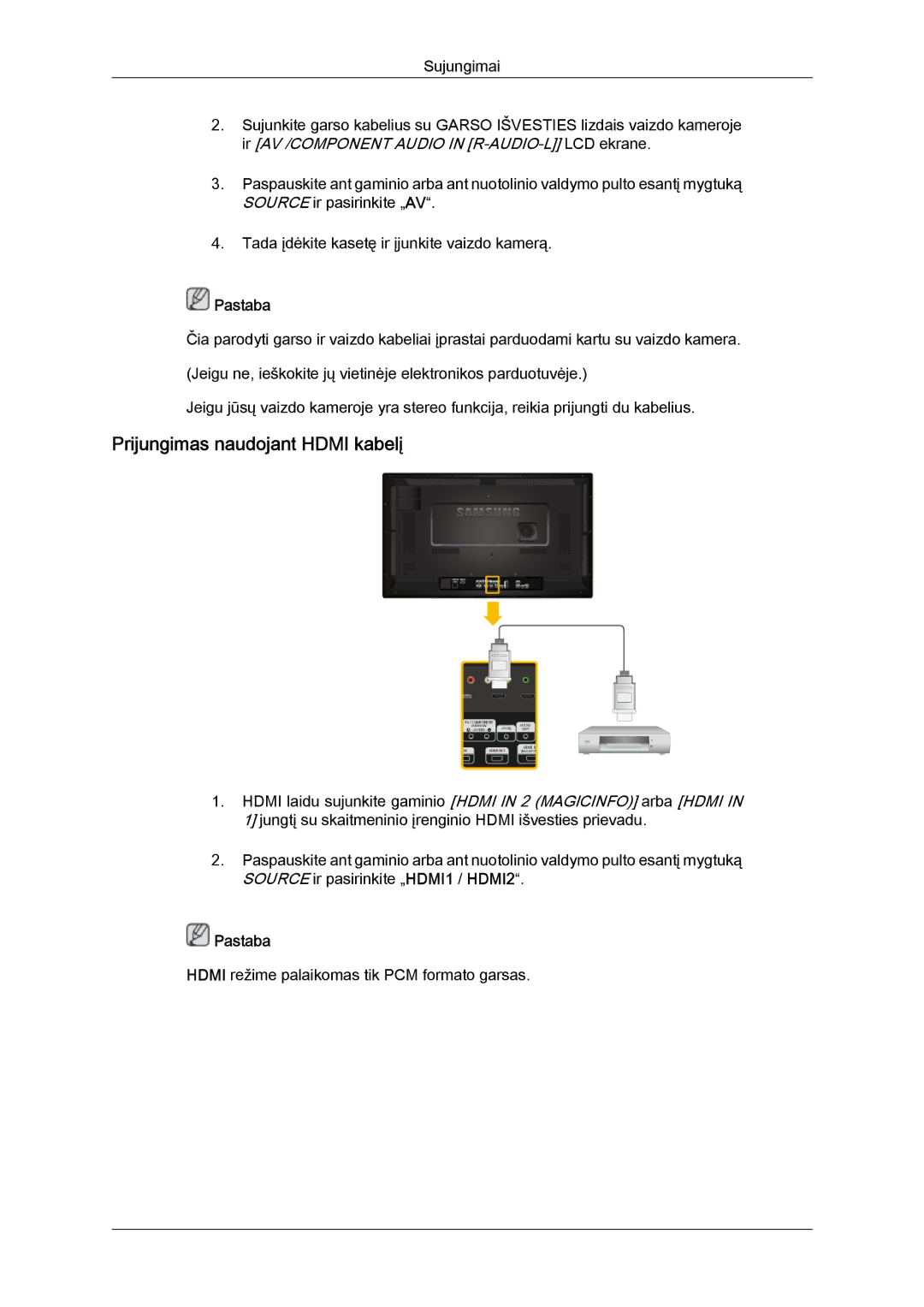 Samsung LH32CRSMBD/EN, LH32CRTMBC/EN manual Prijungimas naudojant Hdmi kabelį 