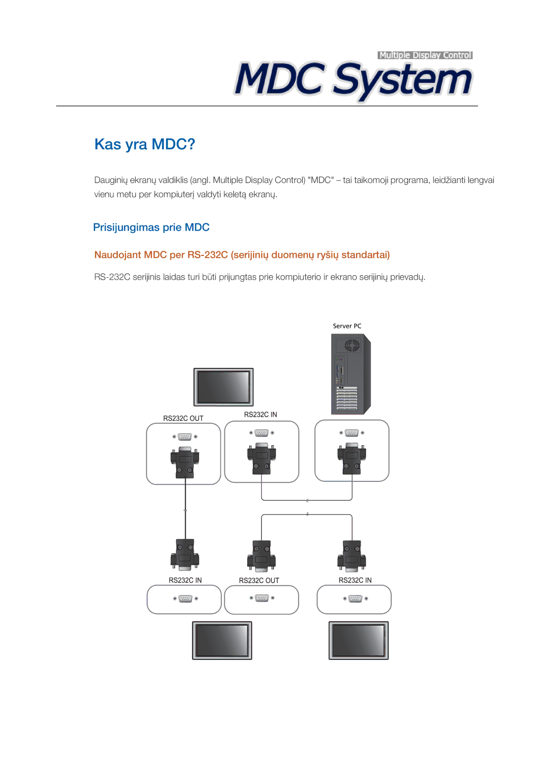 Samsung LH32CRTMBC/EN, LH32CRSMBD/EN Prisijungimas prie MDC, Naudojant MDC per RS-232C serijinių duomenų ryšių standartai 