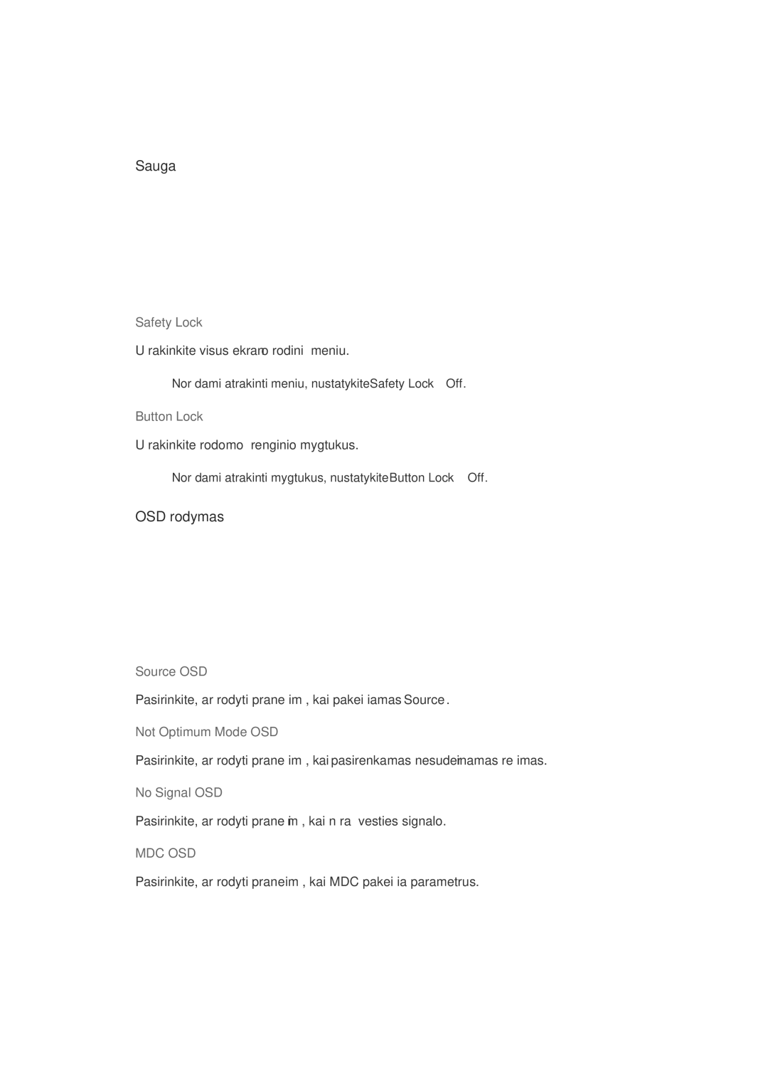 Samsung LH32CRTMBC/EN, LH32CRSMBD/EN manual Sauga, OSD rodymas, Safety Lock, Button Lock, Source OSD 
