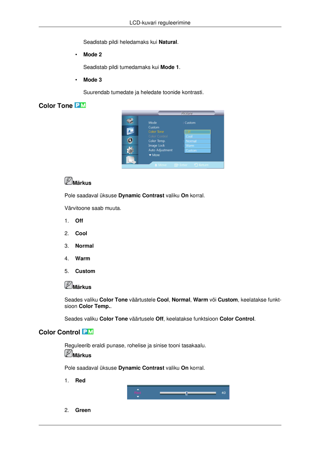 Samsung LH32CRTMBC/EN, LH32CRSMBD/EN manual Color Tone, Color Control, Off Cool Normal Warm Custom Märkus, Red Green 