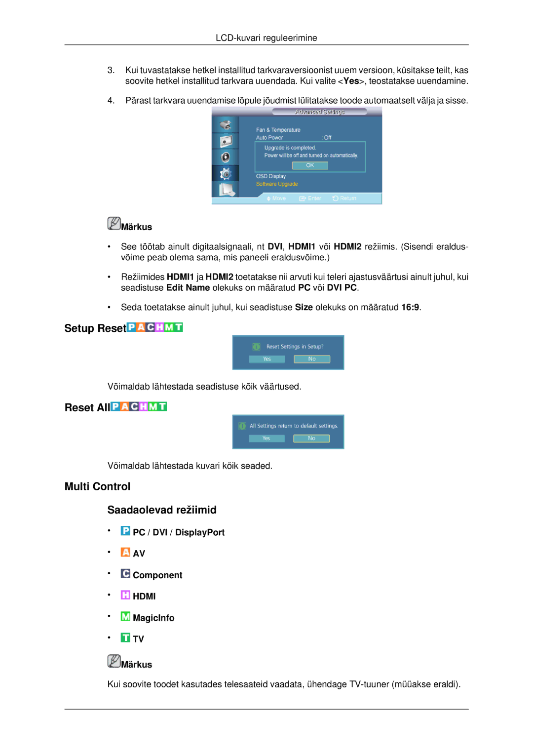 Samsung LH32CRTMBC/EN, LH32CRSMBD/EN manual Setup Reset, Reset All, Multi Control Saadaolevad režiimid 