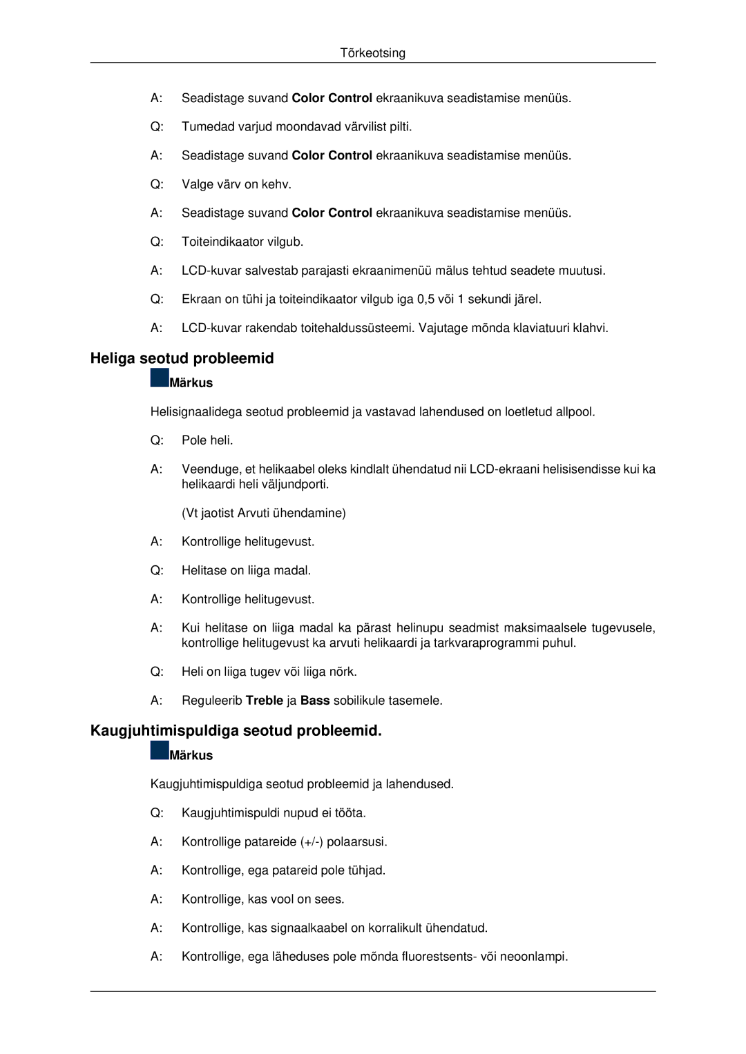 Samsung LH32CRSMBD/EN, LH32CRTMBC/EN manual Heliga seotud probleemid, Kaugjuhtimispuldiga seotud probleemid 