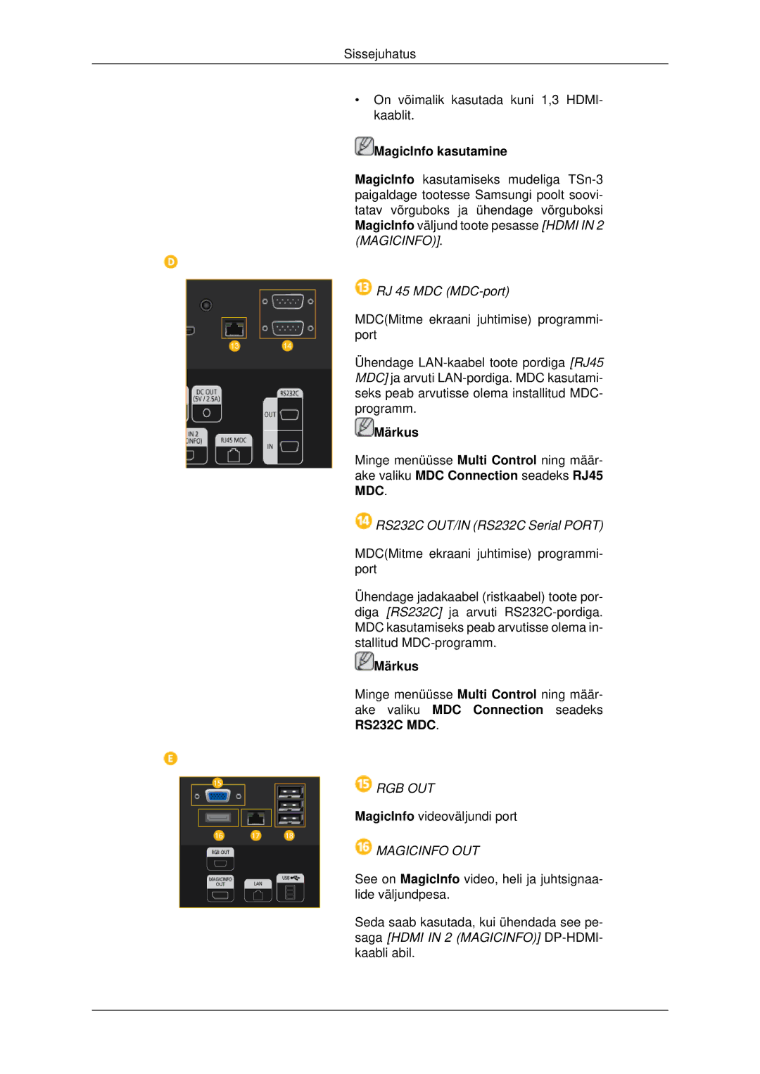 Samsung LH32CRTMBC/EN, LH32CRSMBD/EN manual RJ 45 MDC MDC-port, RS232C OUT/IN RS232C Serial Port 