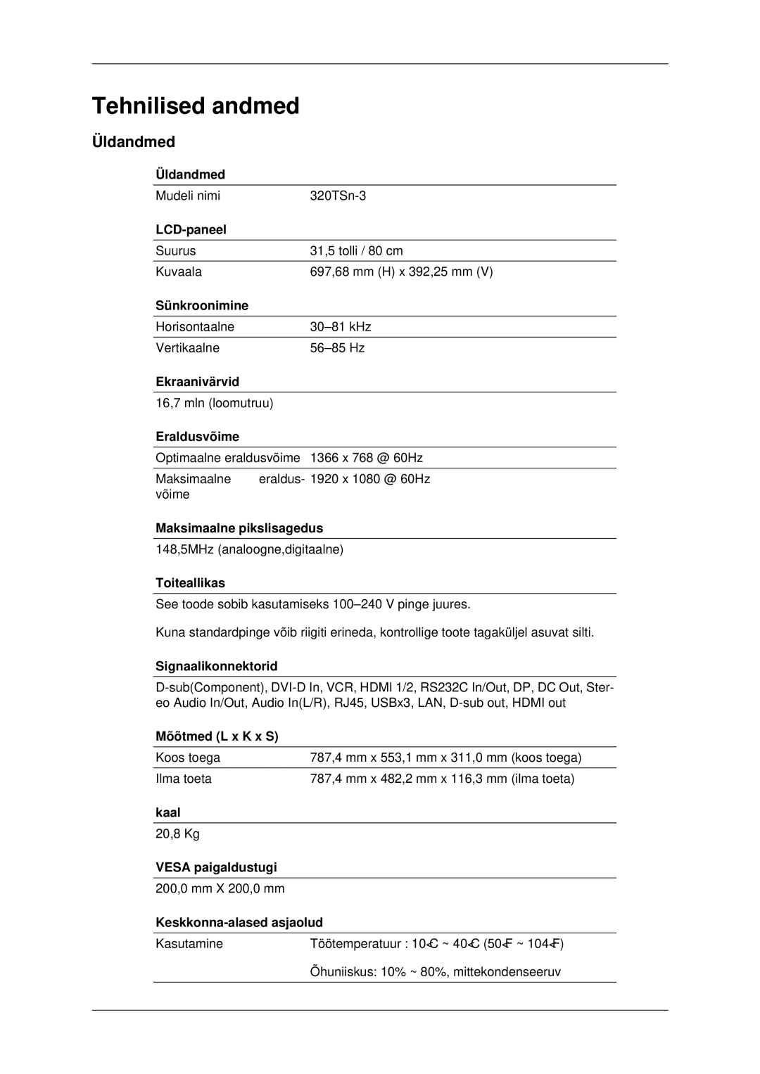 Samsung LH32CRSMBD/EN, LH32CRTMBC/EN manual Üldandmed 