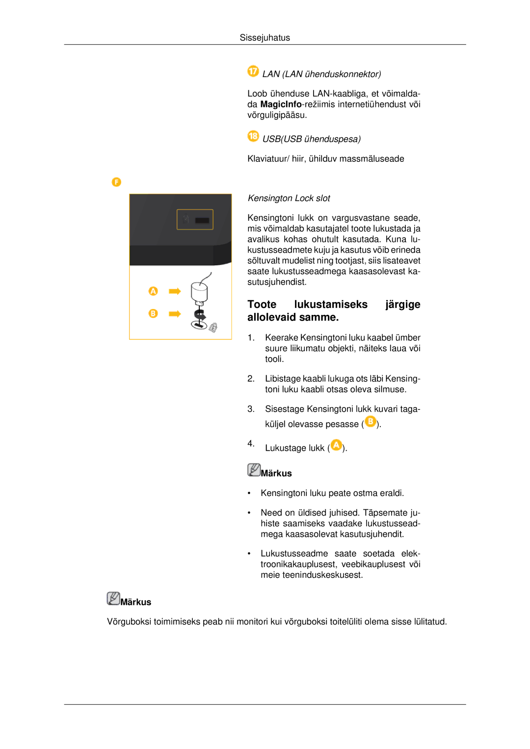 Samsung LH32CRSMBD/EN manual Toote lukustamiseks järgige allolevaid samme, LAN LAN ühenduskonnektor, Usbusb ühenduspesa 