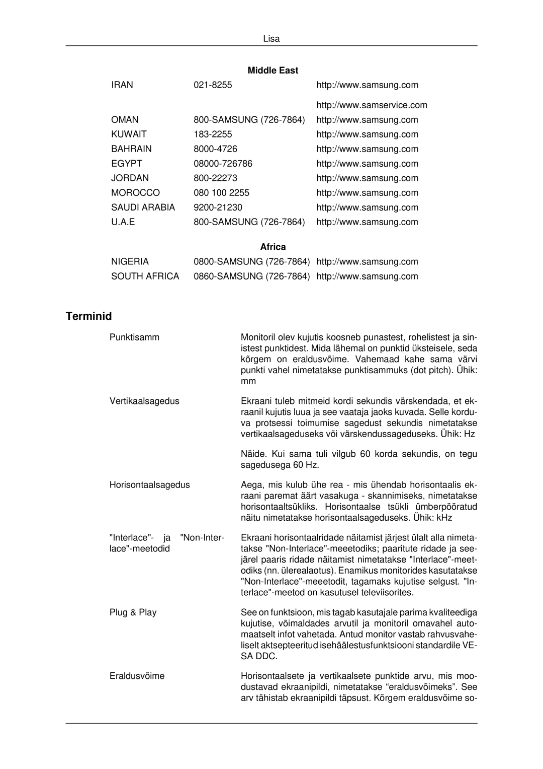 Samsung LH32CRTMBC/EN, LH32CRSMBD/EN manual Terminid, Middle East, Africa 