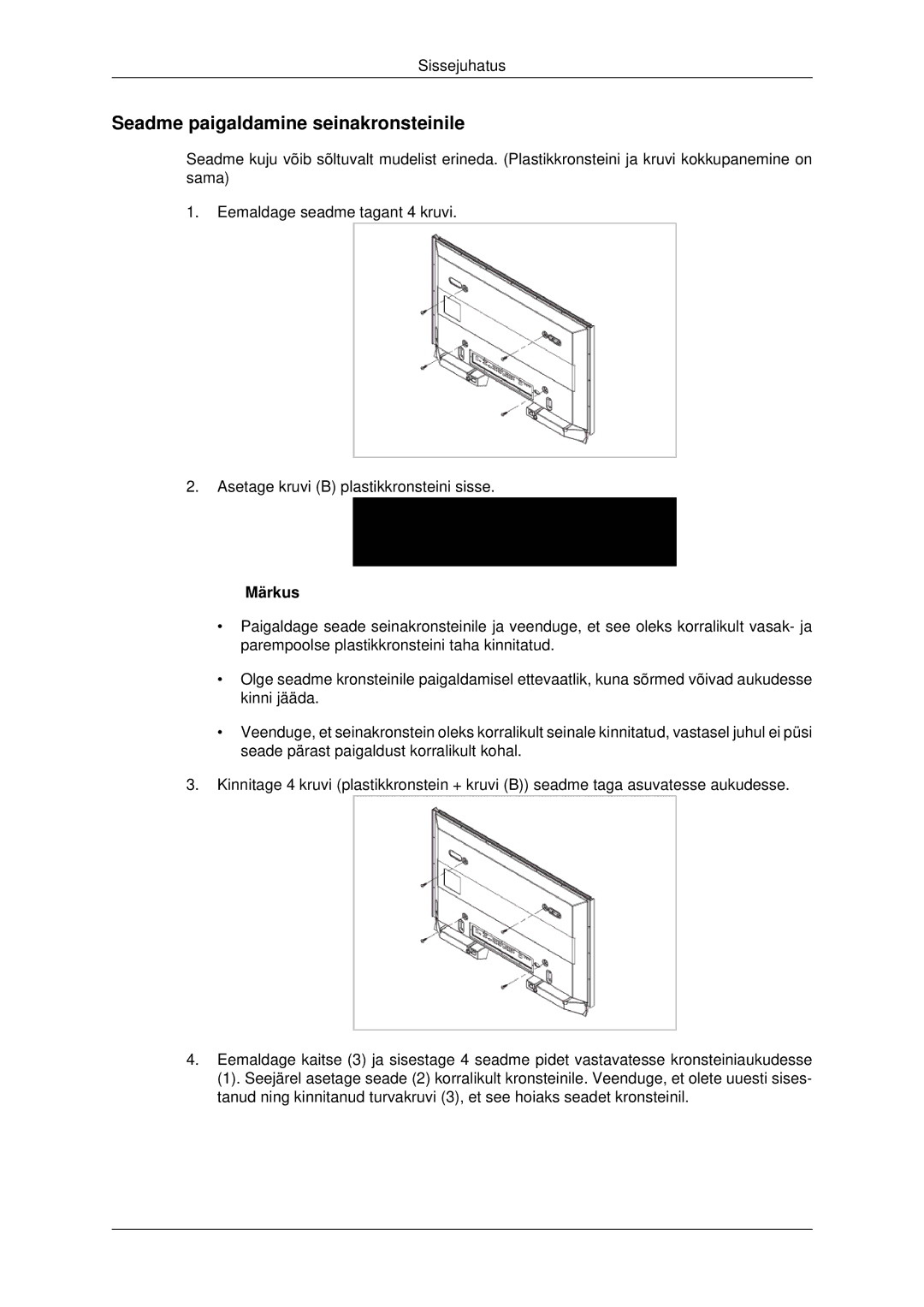 Samsung LH32CRSMBD/EN, LH32CRTMBC/EN manual Seadme paigaldamine seinakronsteinile 